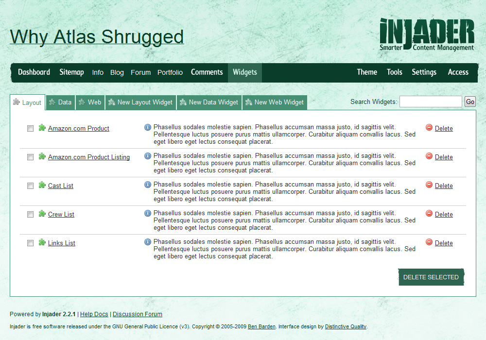 Injader screenshot - Widgets