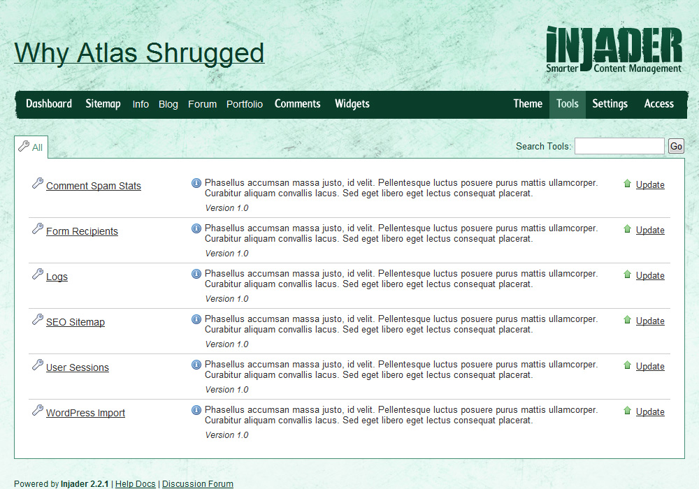 Injader screenshot - Tools